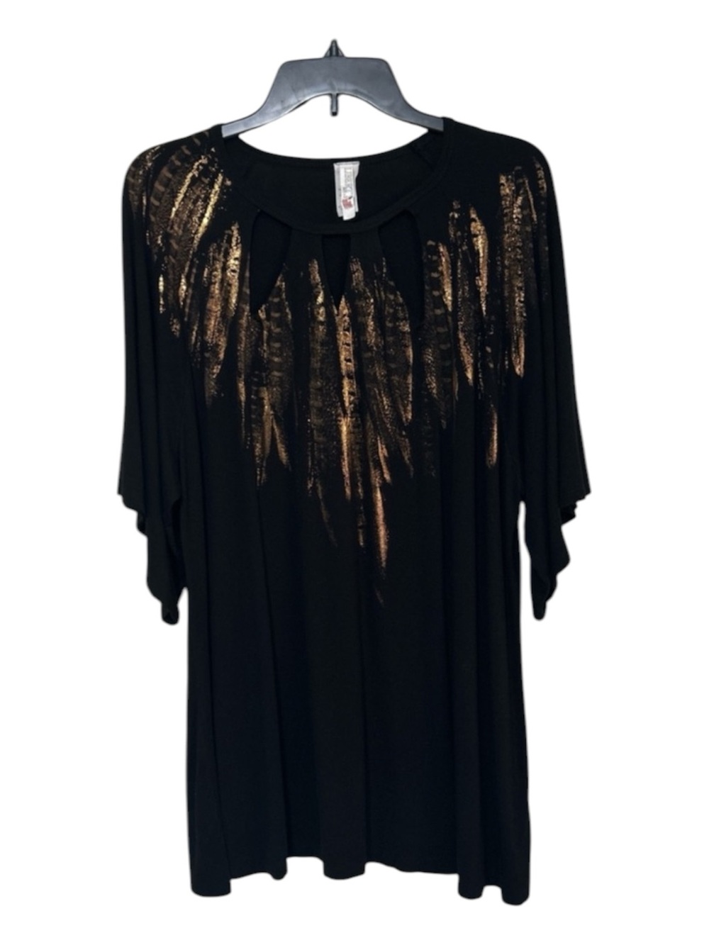 Liberty Wear Black Gold Metallic Feather Wing Tunic Top Cutout Size 3X